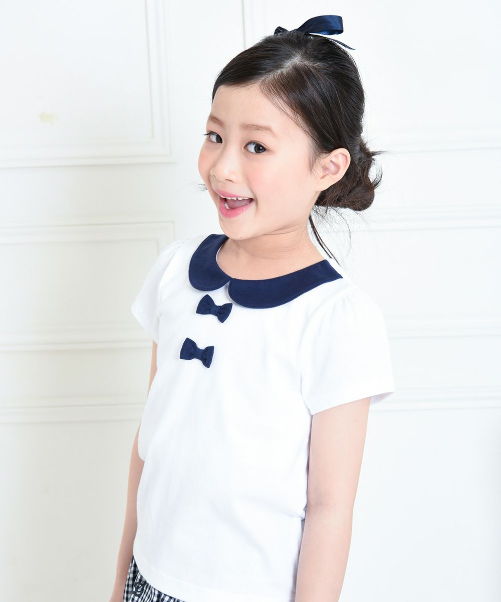 Children's clothing girl 100 % cotton ribbon & round collar T -shirt off -white (11) model image 3