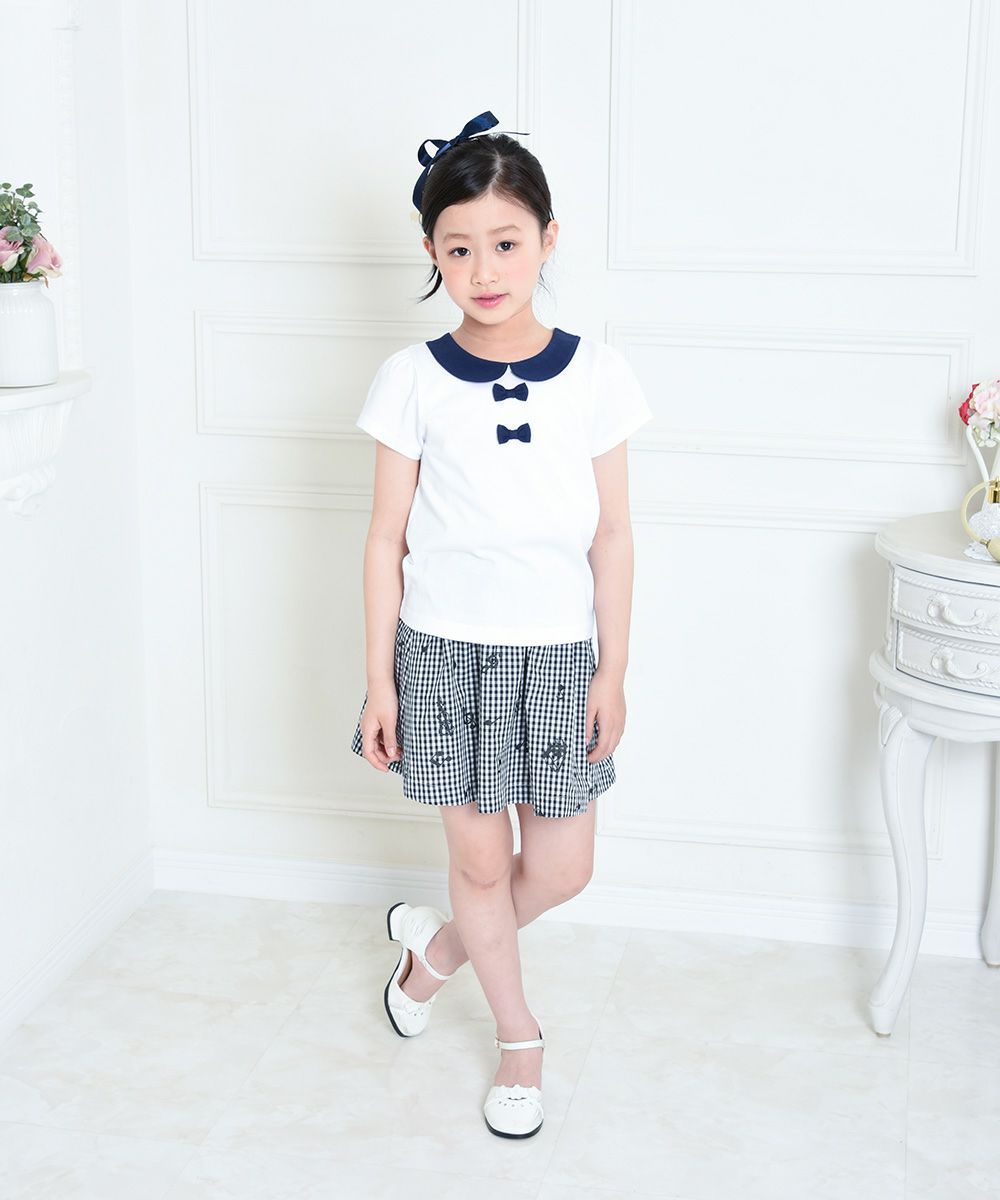 Children's clothing girl 100 % cotton ribbon & round collar T -shirt off -white (11) model image 4