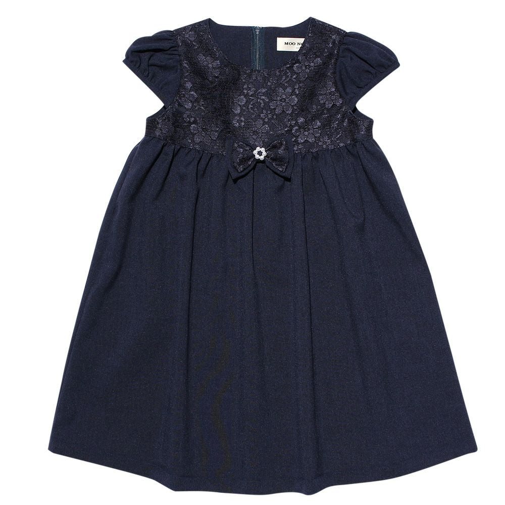 Made in Japan Floral Pattern Lace Ribbon Dress with brooch Navy front