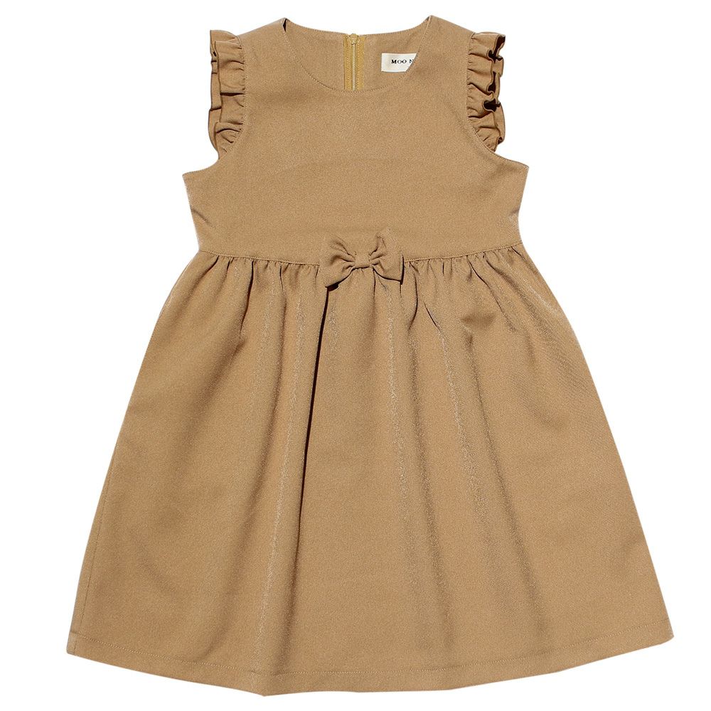 Gathered dress with Japanese frills and ribbons Camel front