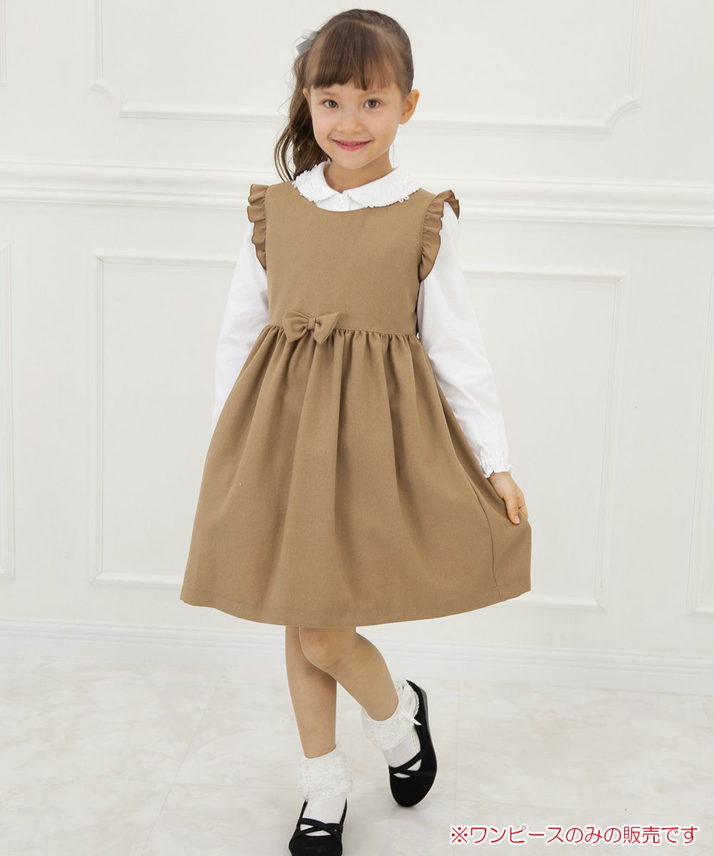 Gathered dress with Japanese frills and ribbons Camel model image whole body