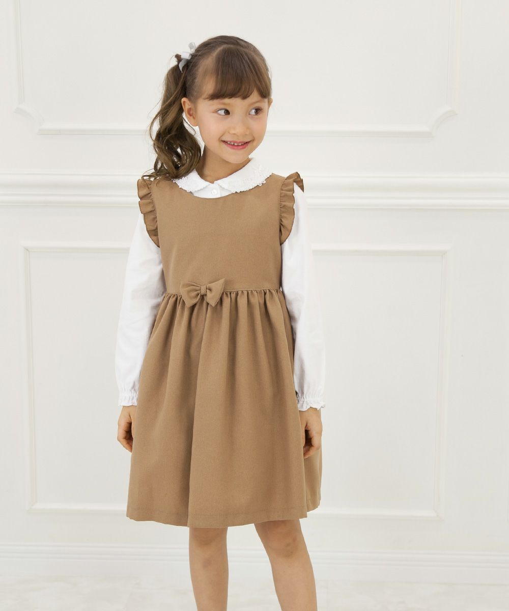 Gathered dress with Japanese frills and ribbons Camel model image 2