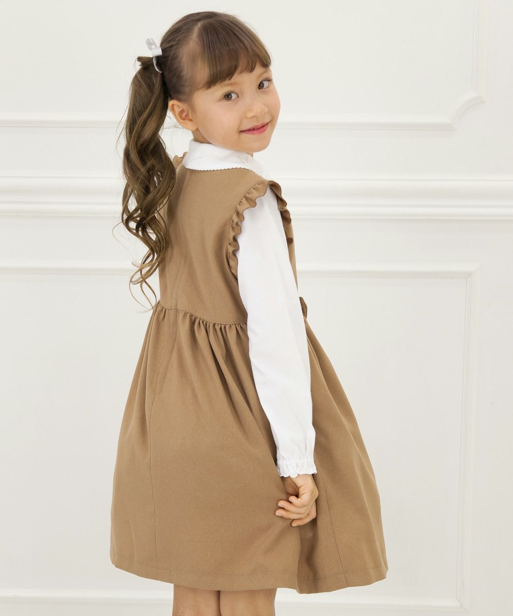 Gathered dress with Japanese frills and ribbons Camel model image 3