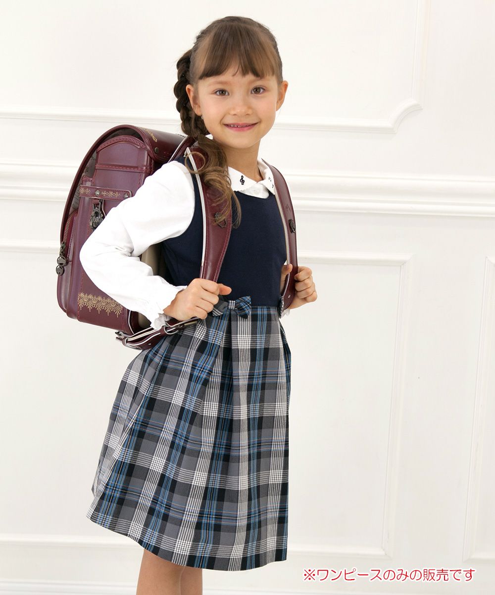 Children's clothing girls girls wearing school clothes Double knit check pattern switching tack navy with ribbon (06) model image 1