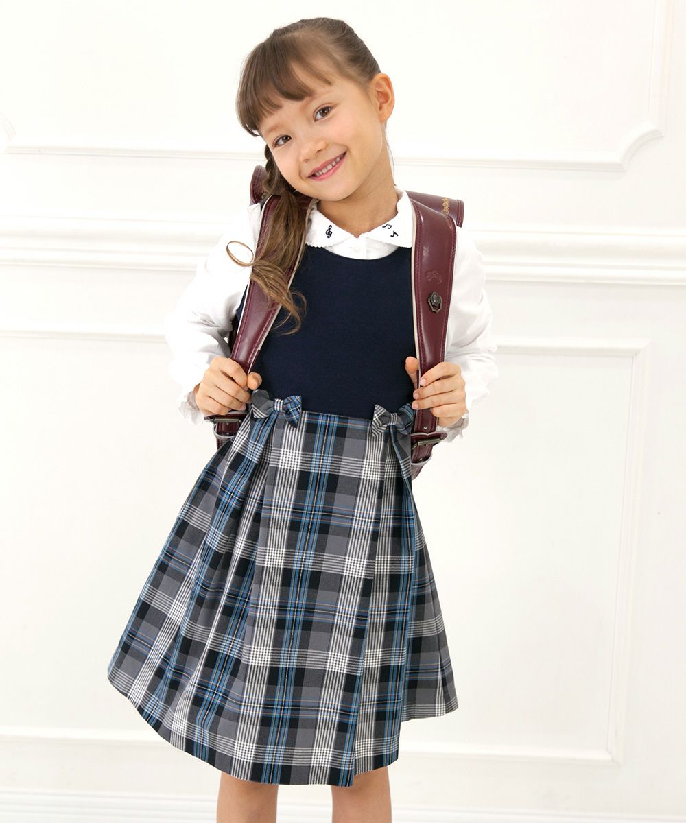 Children's clothing girls girls wearing school clothes Double knit check pattern switching tack navy with ribbon (06) model image 3