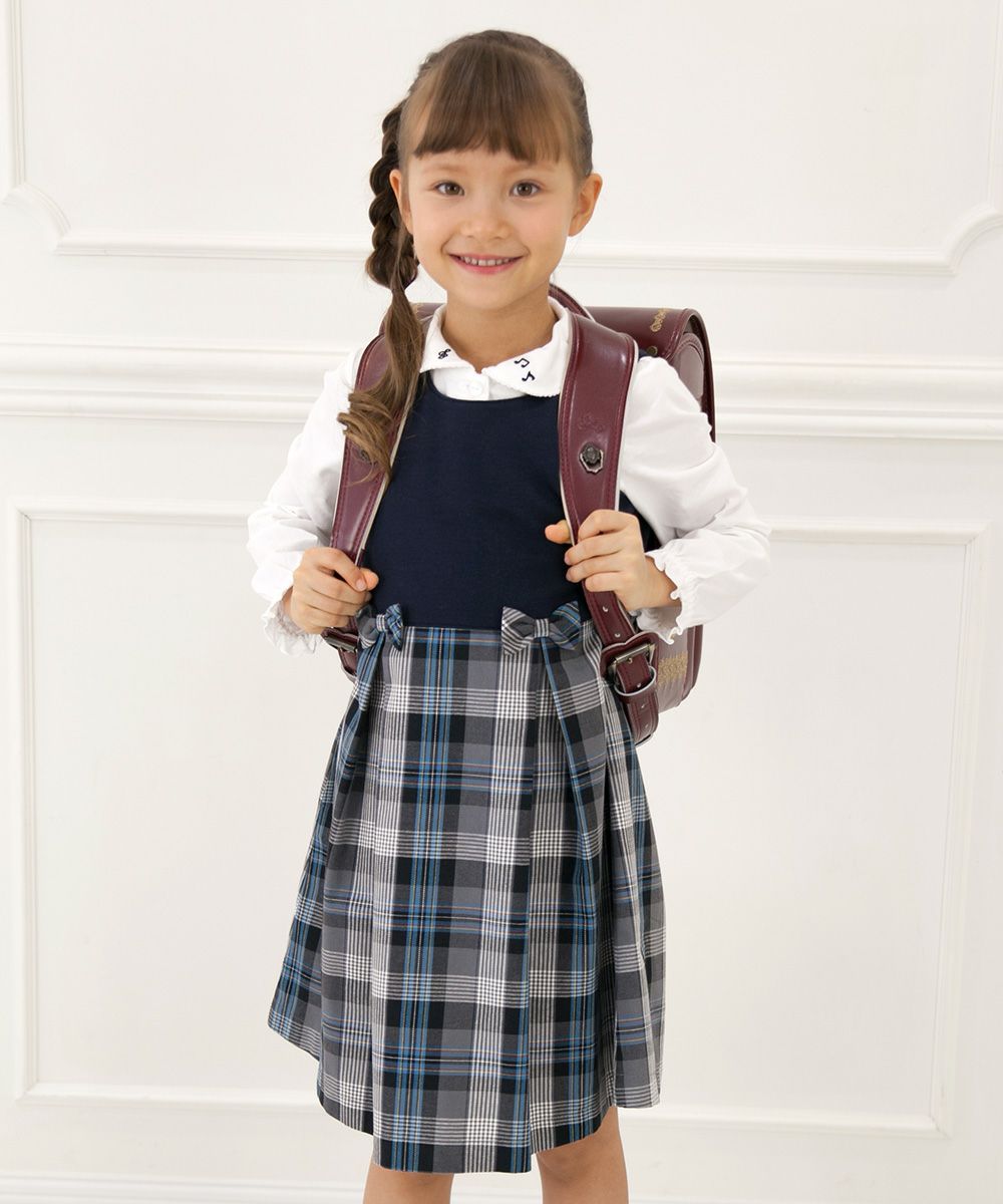 Children's clothing girls girls wearing school clothes Double knit check pattern switching tack navy with ribbon (06) model image 4