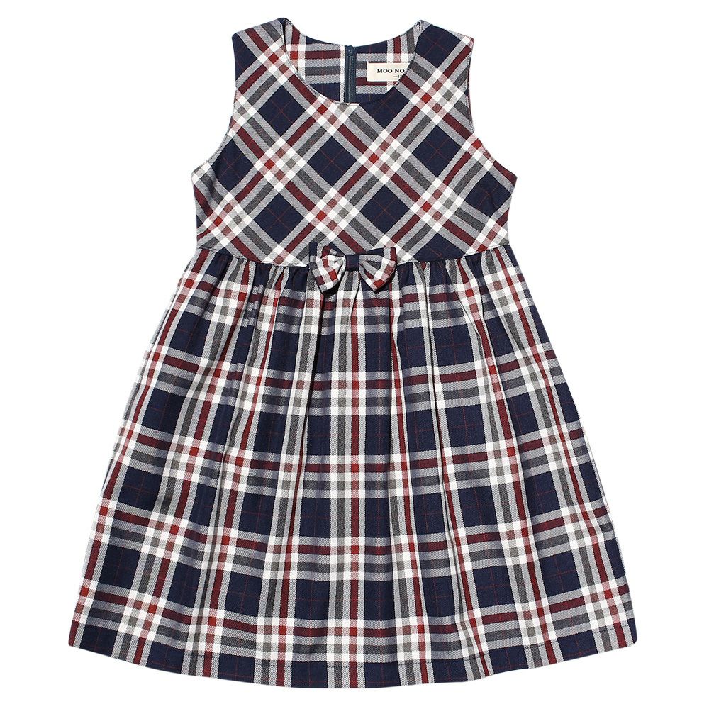 A dress with a Japanese check pattern ribbon Navy front