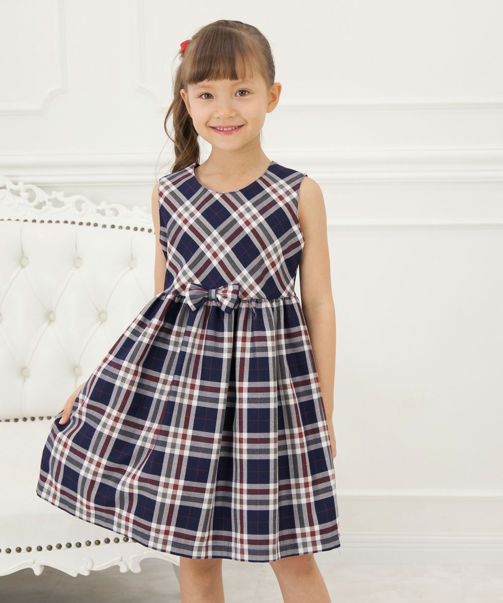 A dress with a Japanese check pattern ribbon Navy model image up