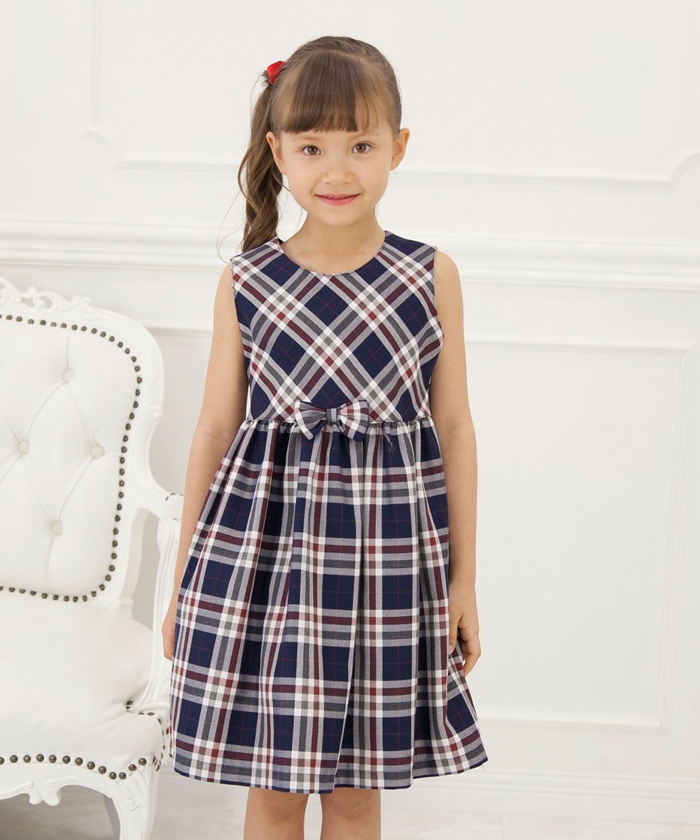 A dress with a Japanese check pattern ribbon Navy model image 1