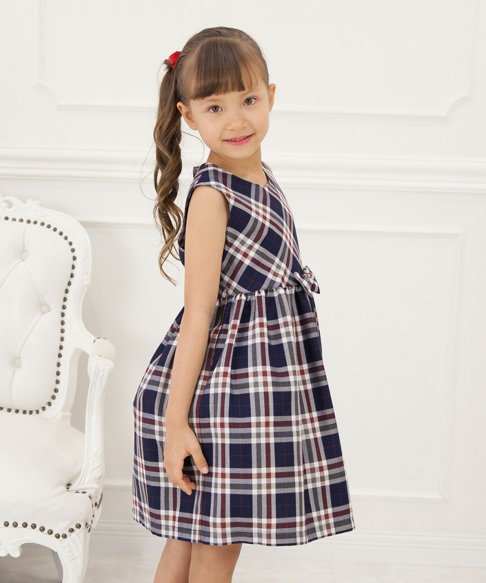 A dress with a Japanese check pattern ribbon Navy model image 2