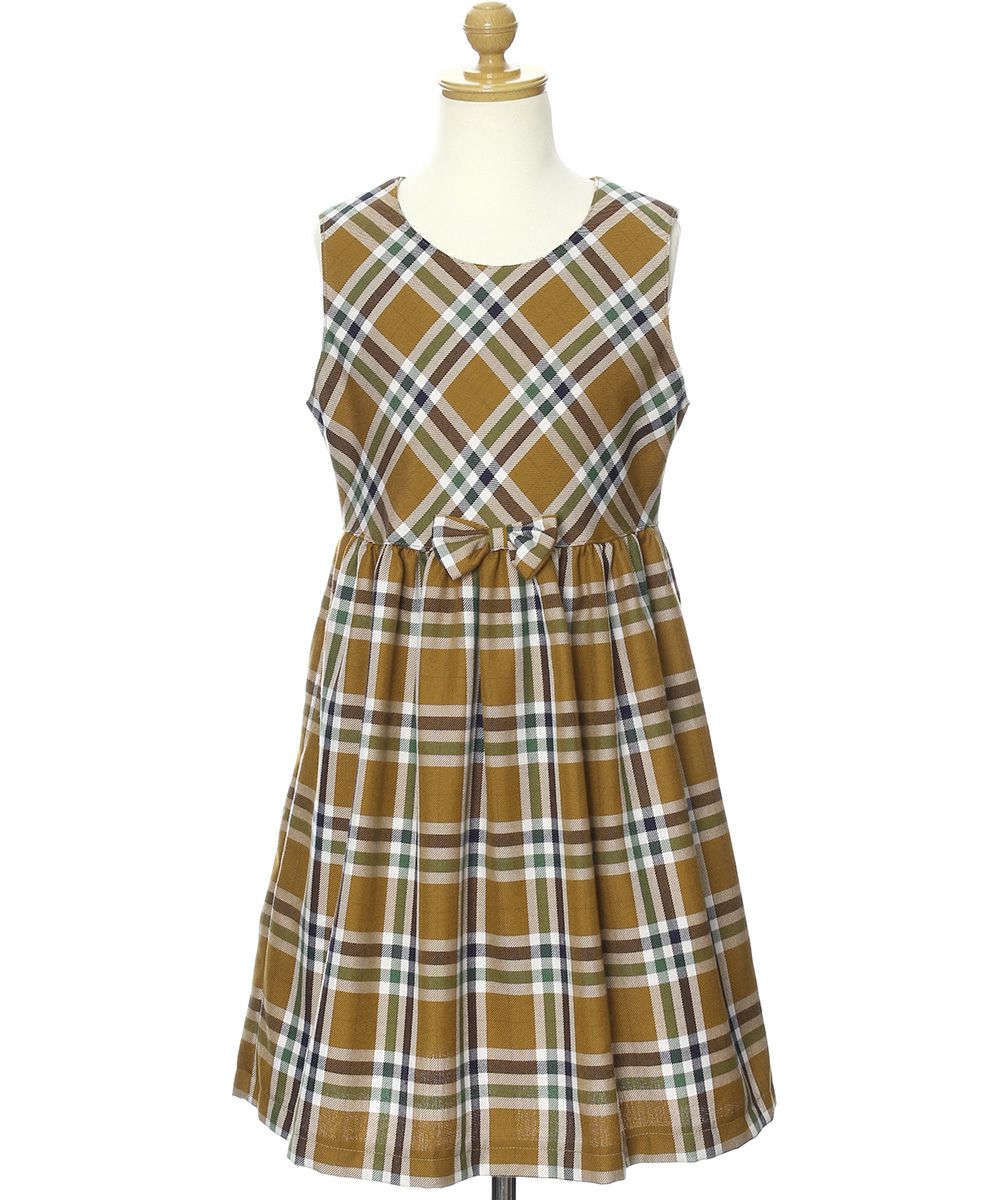 A dress with a Japanese check pattern ribbon Camel torso