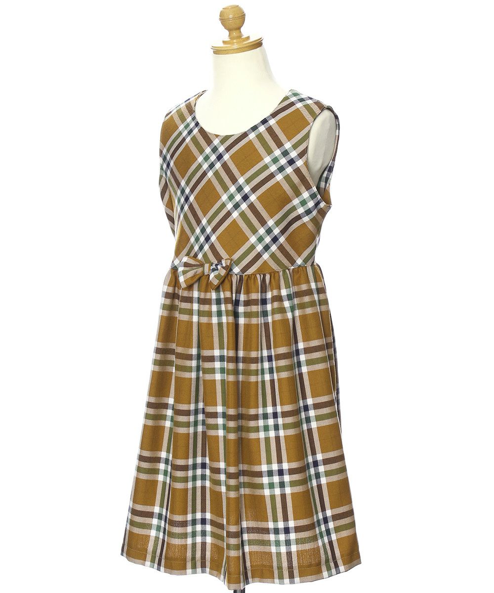 A dress with a Japanese check pattern ribbon Camel torso