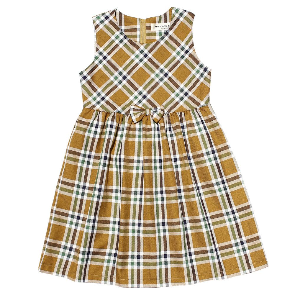 A dress with a Japanese check pattern ribbon Camel front