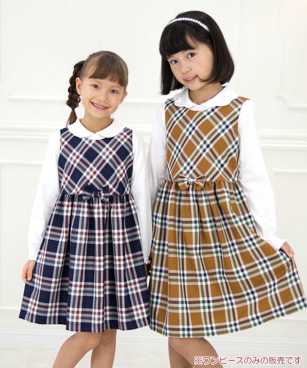 A dress with a Japanese check pattern ribbon Camel model image 1
