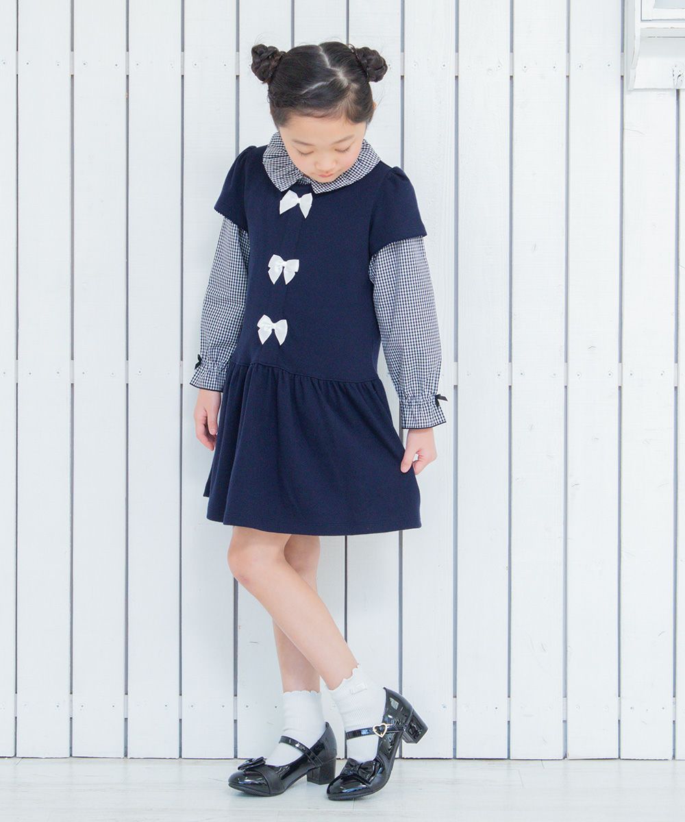 Children's clothing girl with ribbon Lowest switch One piece navy (06) model image 3