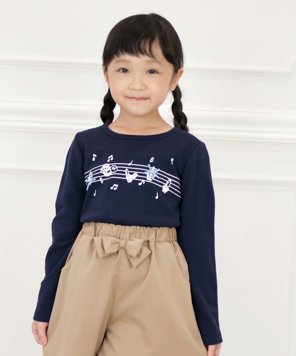 Children's clothing girl ribbon notes x cosmetic print back trainer navy (06) model image up
