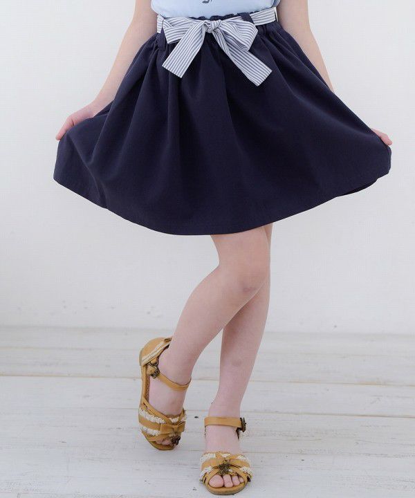 Color Tsuil Skirt with border pattern ribbon Navy model image up