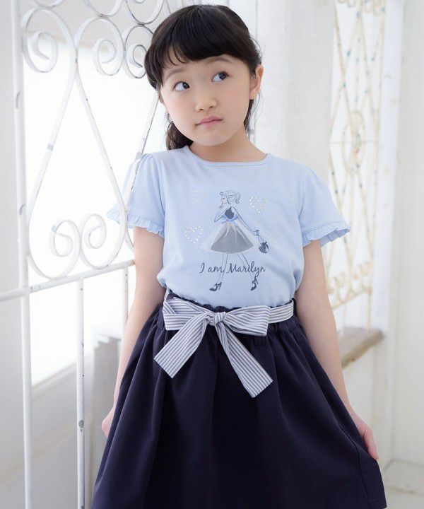 Color Tsuil Skirt with border pattern ribbon Navy model image 3
