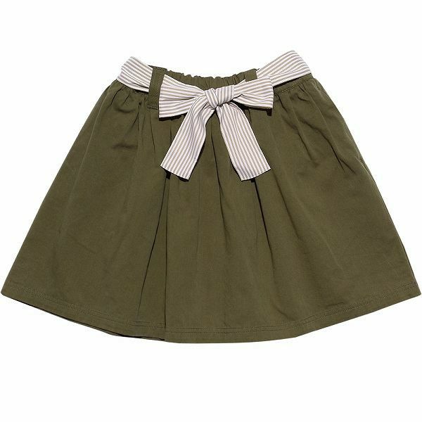 Color Tsuil Skirt with border pattern ribbon Khaki front