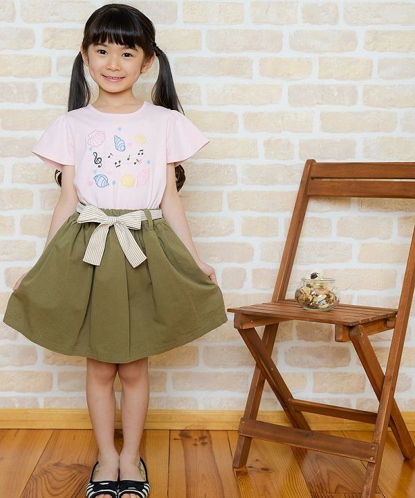 Color Tsuil Skirt with border pattern ribbon Khaki model image whole body