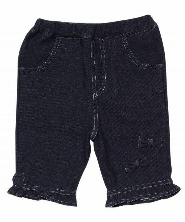Baby Clothing Girl Baby Size Ribbon & Fluff Denim Knit three-quarter length Pants Navy (06) Front