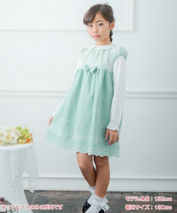 Children's clothing girls Made in Japan & note embroidery dress green (08) model image whole body