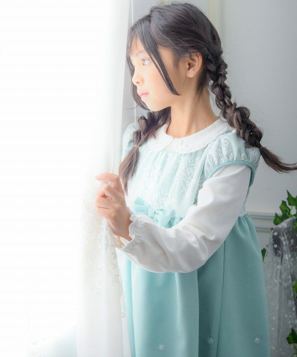 Children's clothing girls Made in Japan & note embroidery dress green (08) model image 2
