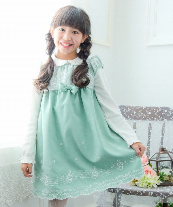 Children's clothing girls Made in Japan & note embroidery dress green (08) model image 4