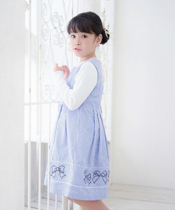 100 % cotton stripe pattern ribbon embroidery dress Blue model image 2
