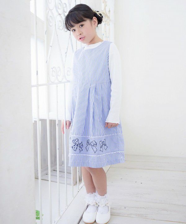 100 % cotton stripe pattern ribbon embroidery dress Blue model image 3