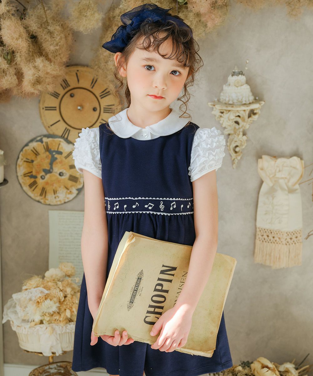 Double knit note embroidery dress Navy model image up