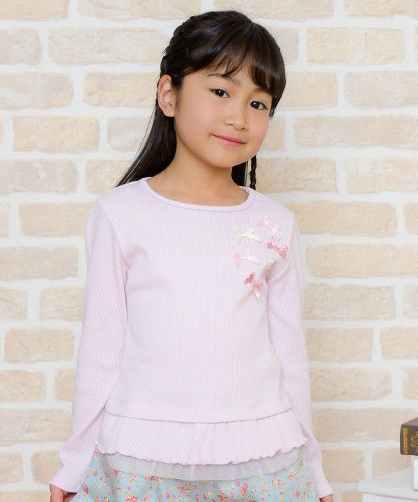 T -shirt with ribbon & tulle frill Pink model image up