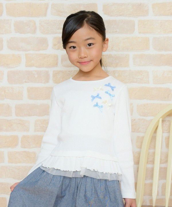 T -shirt with ribbon & tulle frill Off White model image up