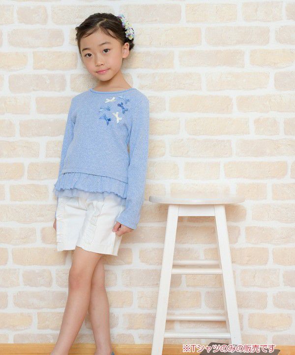 T -shirt with ribbon & tulle frill Blue model image whole body