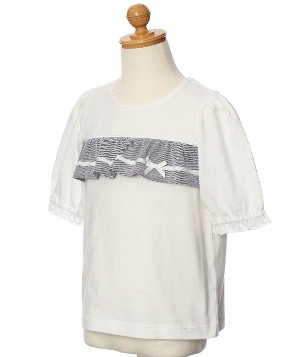 Children's clothing girl 100 % cotton striped pattern frill & ribbon T -shirt black (00) torso