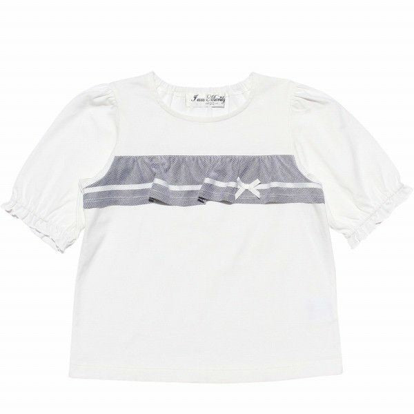 Children's clothing girl 100 % cotton striped pattern frill & ribbon T -shirt black (00) front