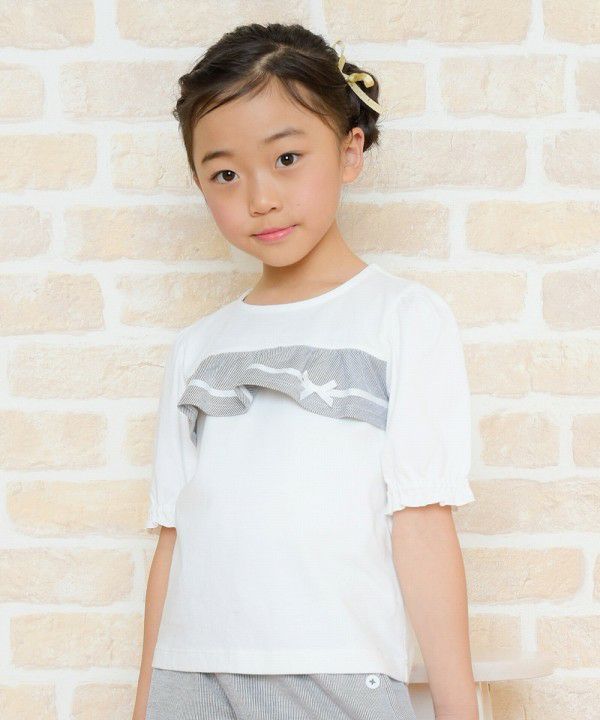 Children's clothing girl 100 % cotton striped pattern frill & ribbon T -shirt black (00) model image up