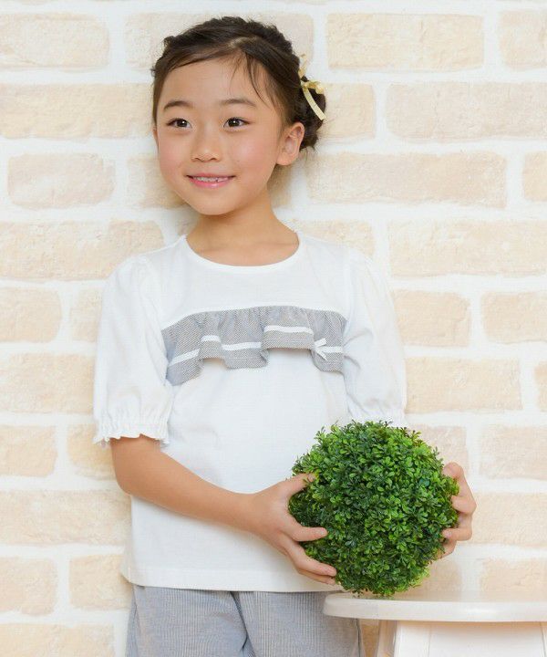 Children's clothing girl 100 % cotton striped pattern frill & ribbon T -shirt black (00) model image 1