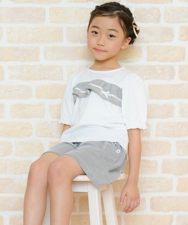 Children's clothing girl 100 % cotton striped pattern frill & ribbon T -shirt black (00) model image 2