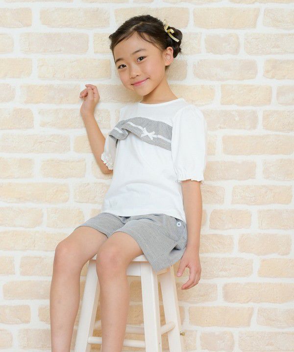 Children's clothing girl 100 % cotton striped pattern frill & ribbon T -shirt black (00) model image 3