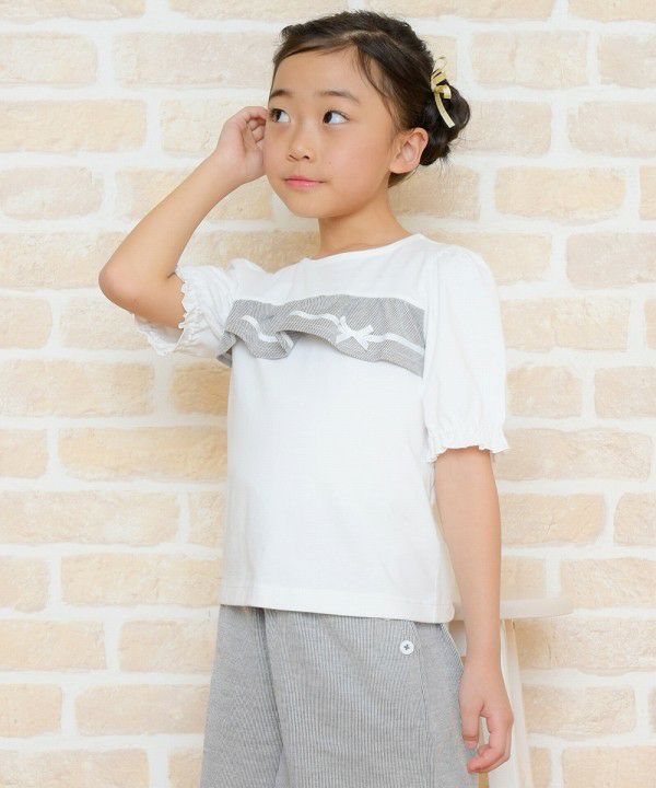 Children's clothing girl 100 % cotton striped pattern frill & ribbon T -shirt black (00) model image 4
