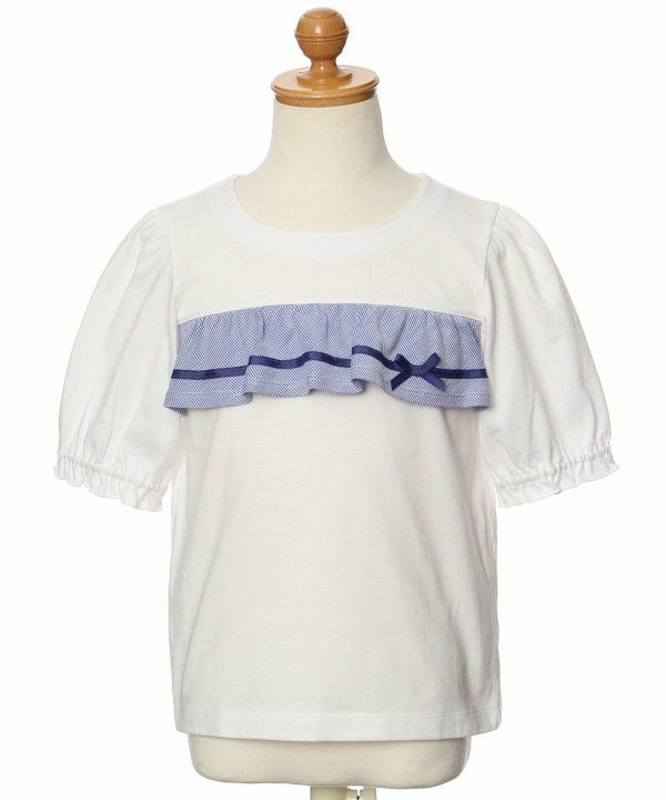 Children's clothing girl 100 % cotton striped pattern frill & ribbon T -shirt blue (61) torso