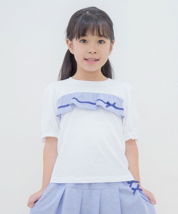 Children's clothing girl 100 % cotton striped pattern frill & ribbon T -shirt blue (61) model image up