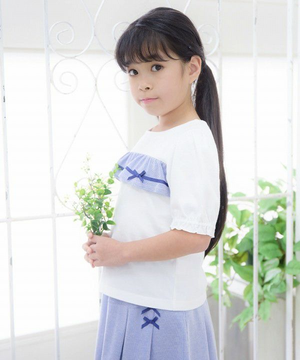 Children's clothing girl 100 % cotton striped pattern frill & ribbon T -shirt blue (61) model image 1