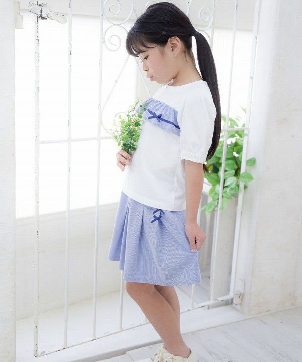 Children's clothing girl 100 % cotton striped pattern frill & ribbon T -shirt blue (61) model image 2