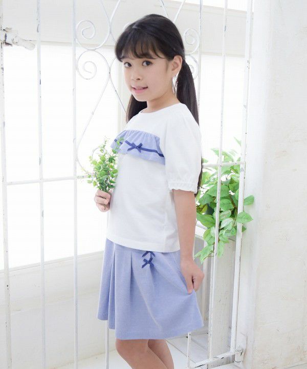 Children's clothing girl 100 % cotton striped pattern frill & ribbon T -shirt blue (61) model image 3