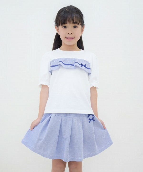 Children's clothing girl 100 % cotton striped pattern frill & ribbon T -shirt blue (61) model image 4