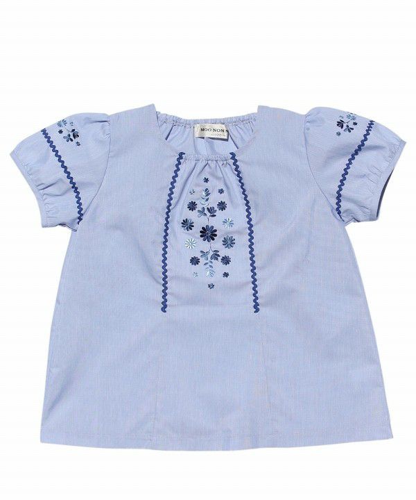 Flower embroidery line A -line blouse Blue front