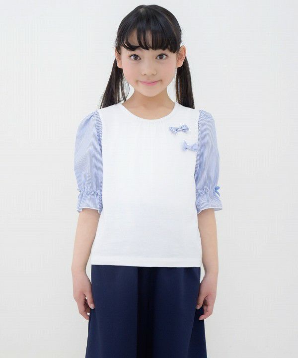 Children's clothing girl 100 % cotton striped pattern 6 -minute sleeve T -shirt off -white (11) model image 3