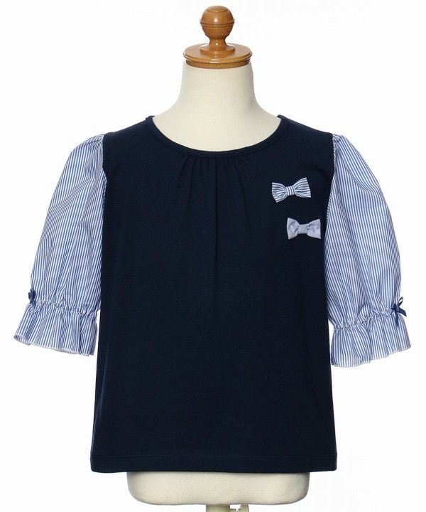 Children's clothing girl 100 % cotton striped pattern 6 -minute sleeve T -shirt navy (06) torso